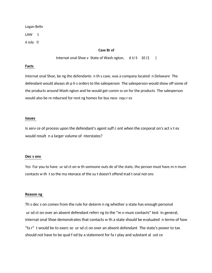 Case Brief - International Shoe v. State of Washington