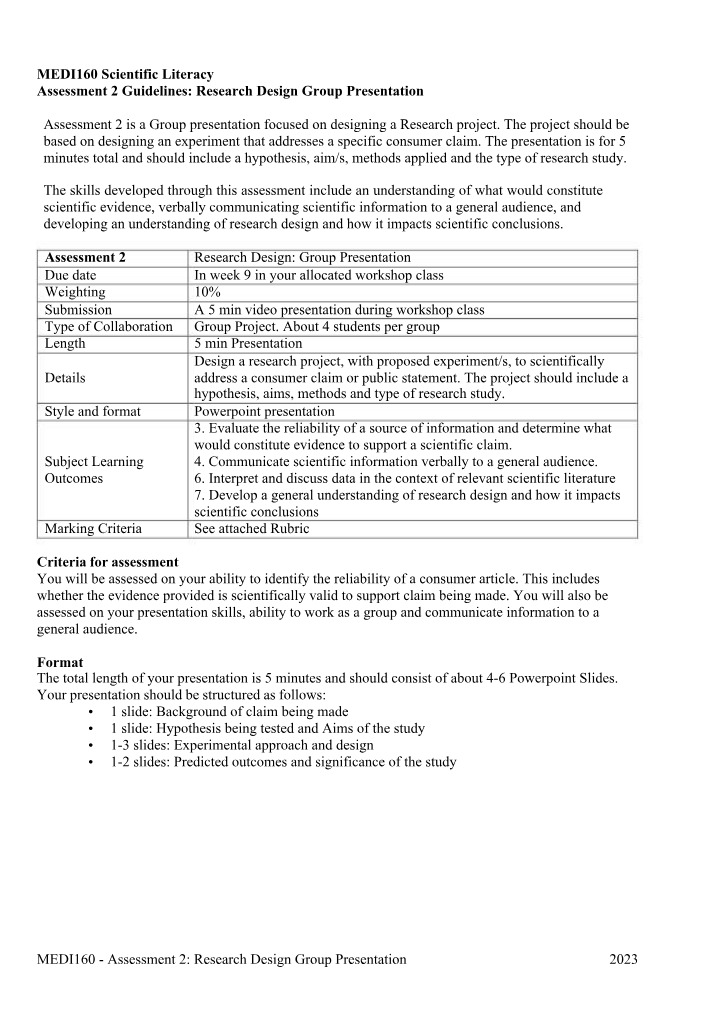 Assessment 2 - Research Design Group Presentation Guidelines