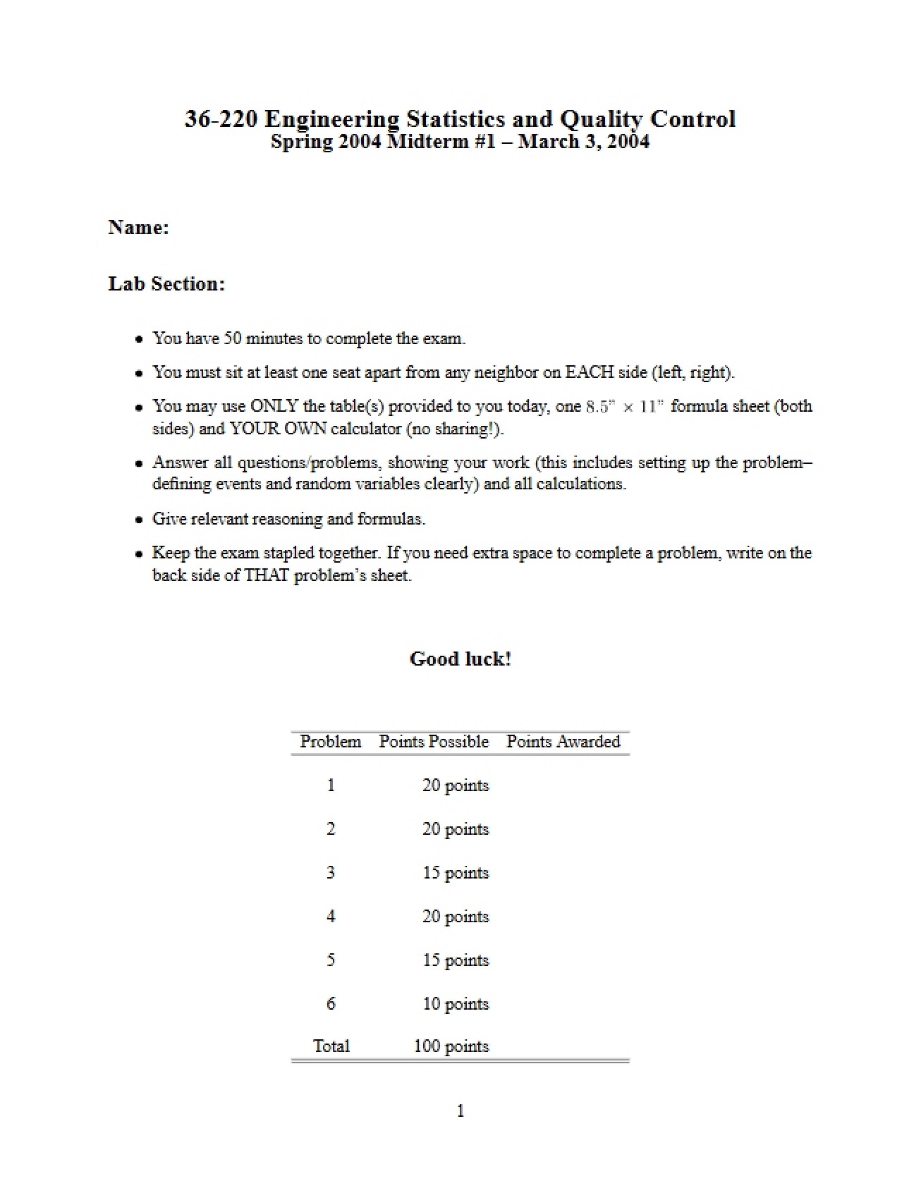 Engineering Statistics Midterm