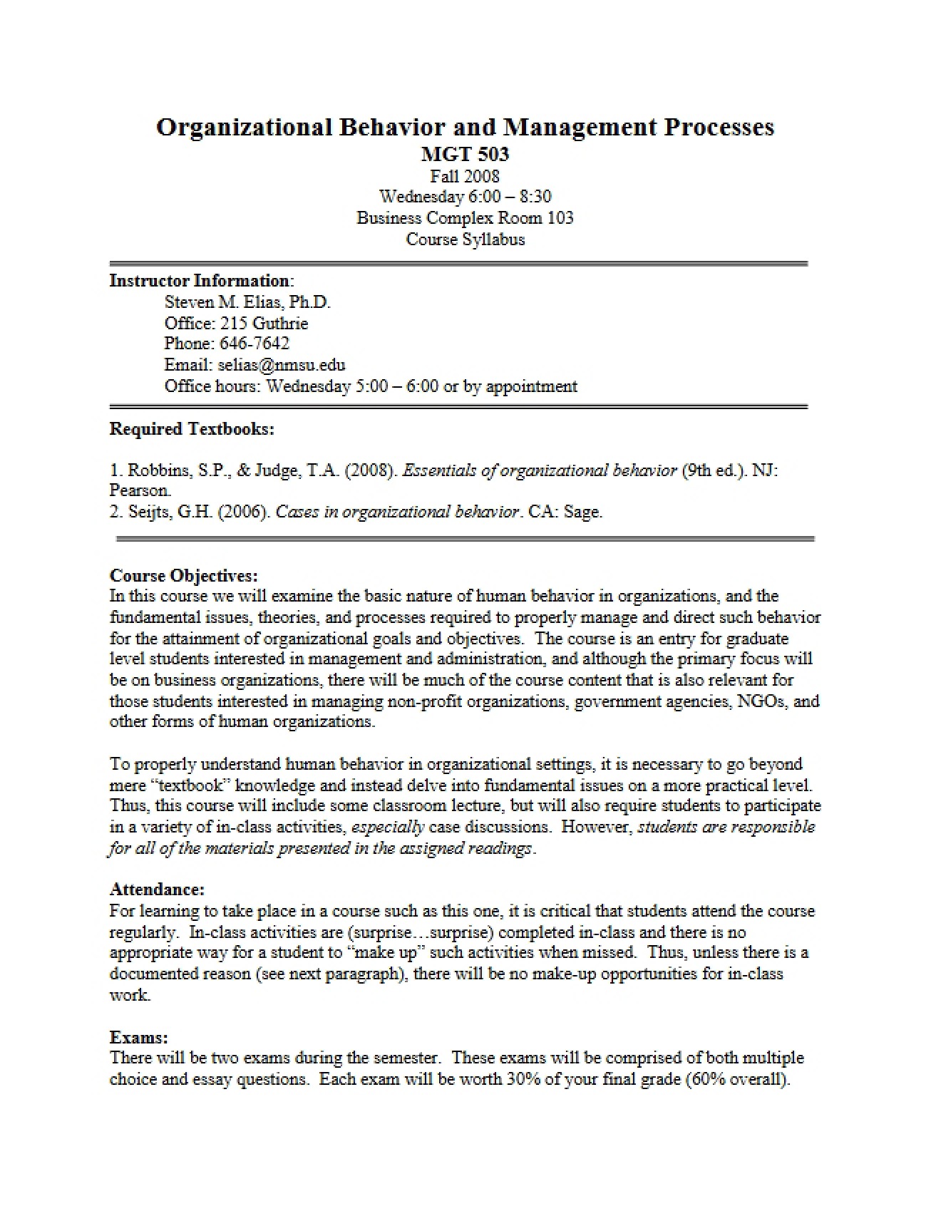Organizational Behavior and Management Processes Syllabus - Fall 2008 - Elias