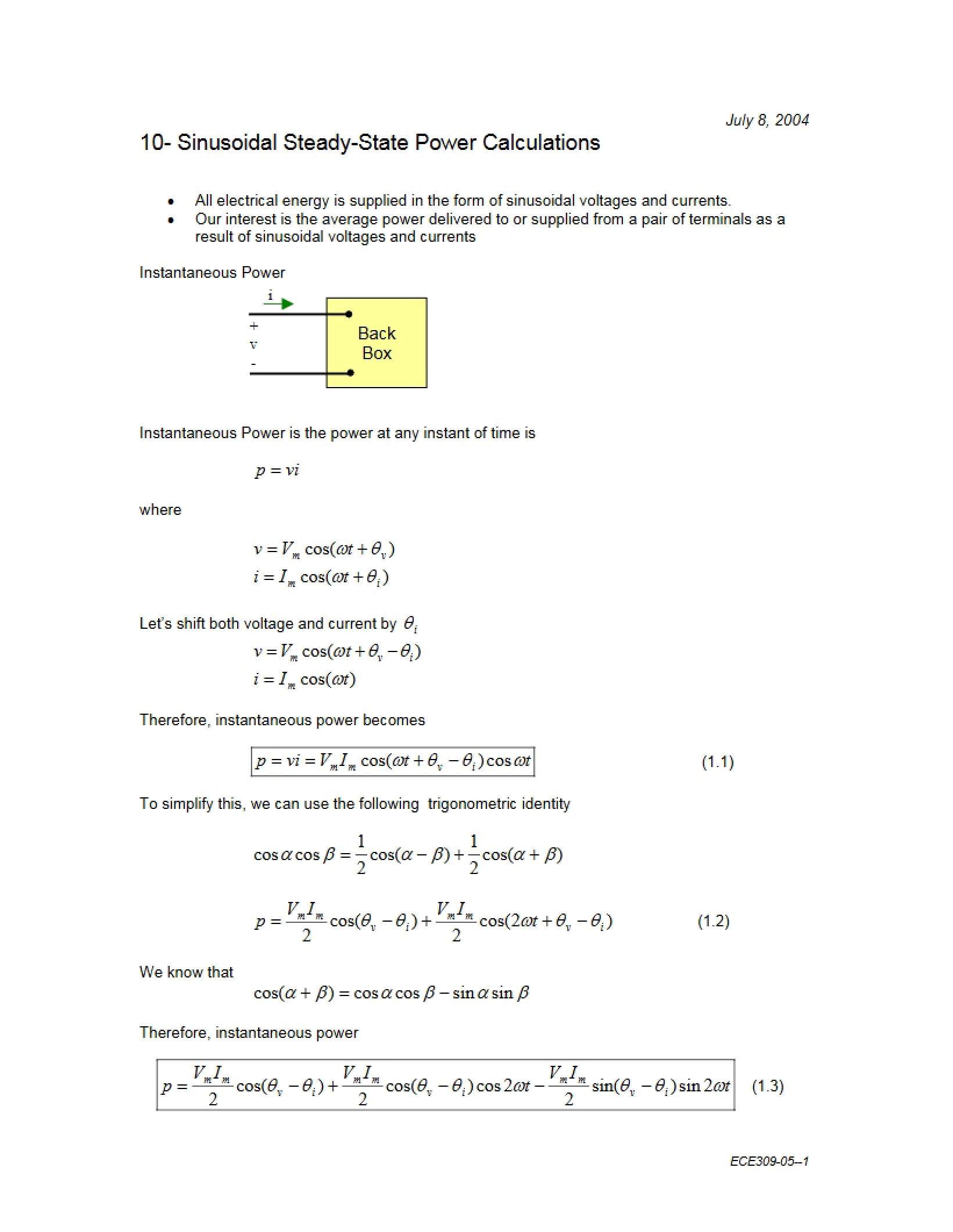 Steady-State Power Calculations (Sinusoidal)