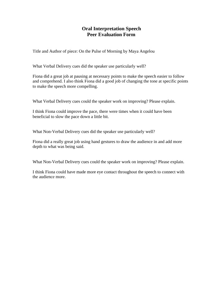 Oral Interpretation Speech Peer Evaluation Form First Copy