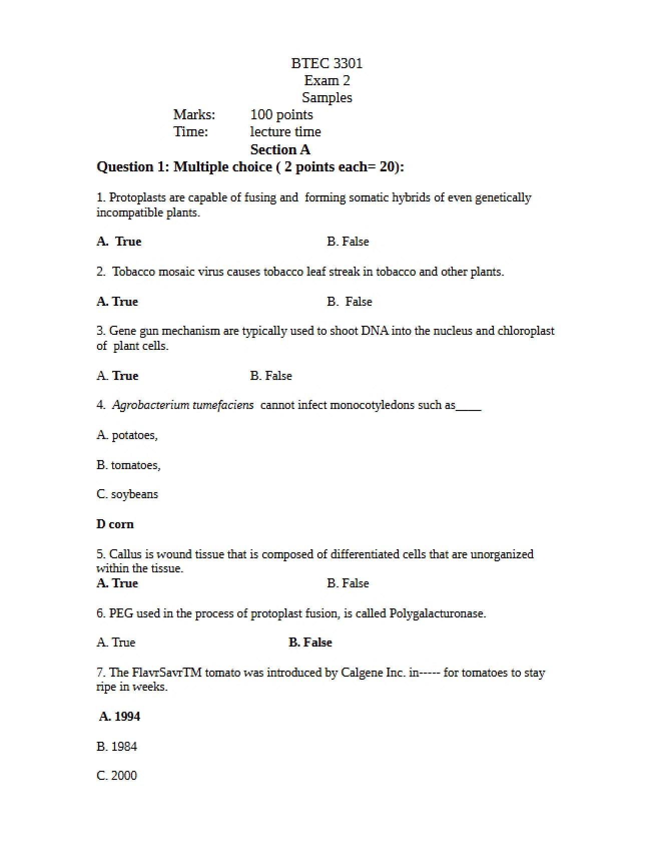 Second Examination in a Biotechnology Course