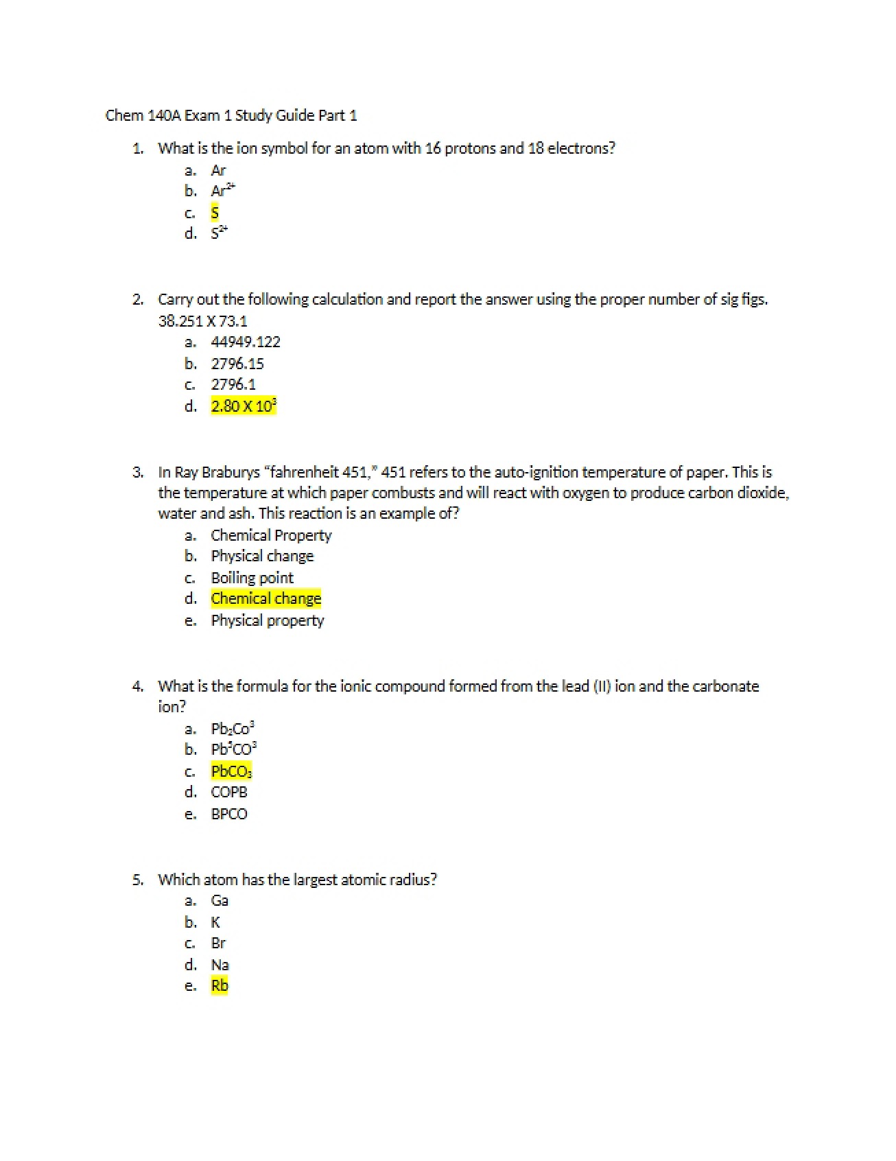 Chemistry Final Exam Practice Questions, Set 1