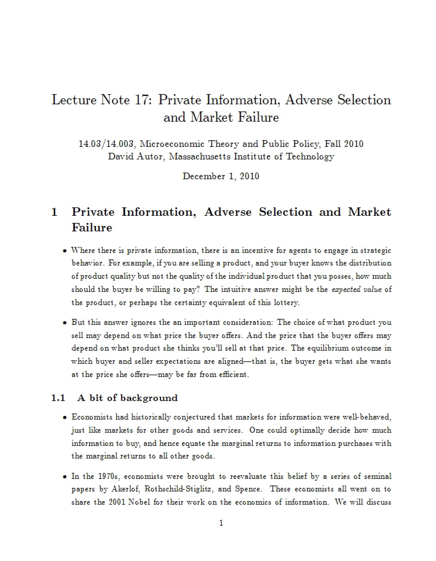 Market Failure Adverse Selection and Private Info
