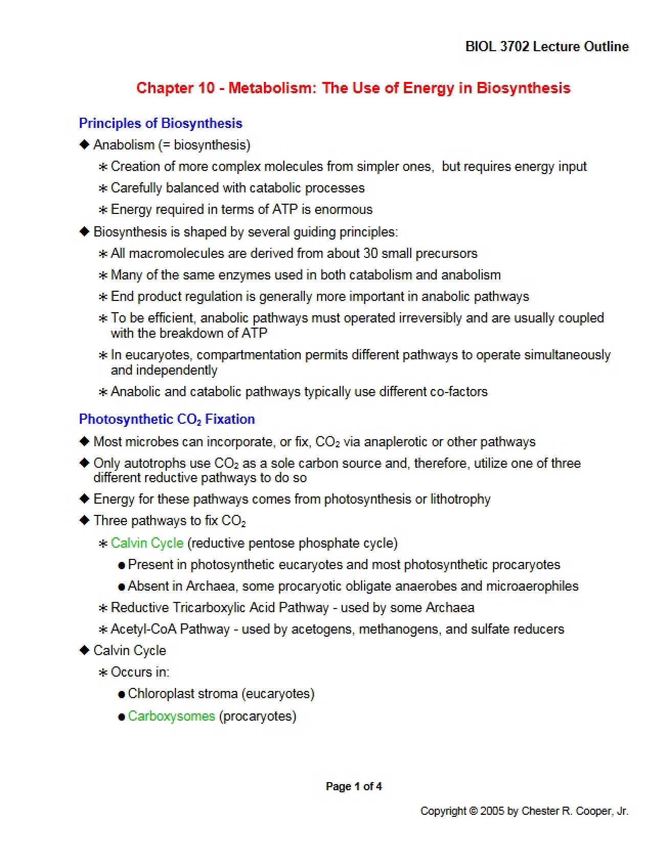 Energy Use in Biosynthesis Metabolism (Chapter 10)