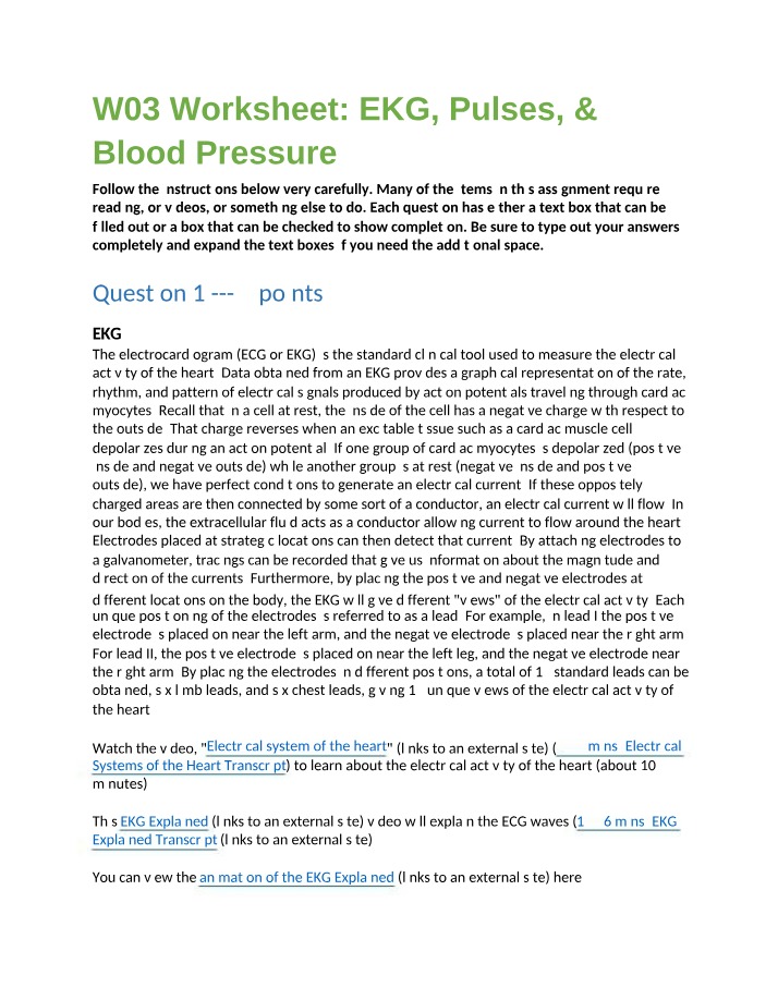 EKG, Pulses, & Blood Pressure - W03 Worksheet
