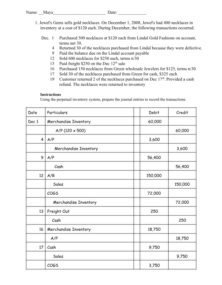 Journal Entries for Perpetual Inventory System - Jewelry Sales