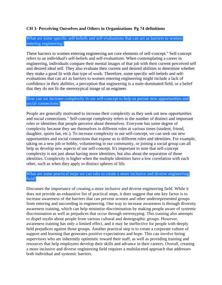 Diversity and Self-Perception in the Engineering Field