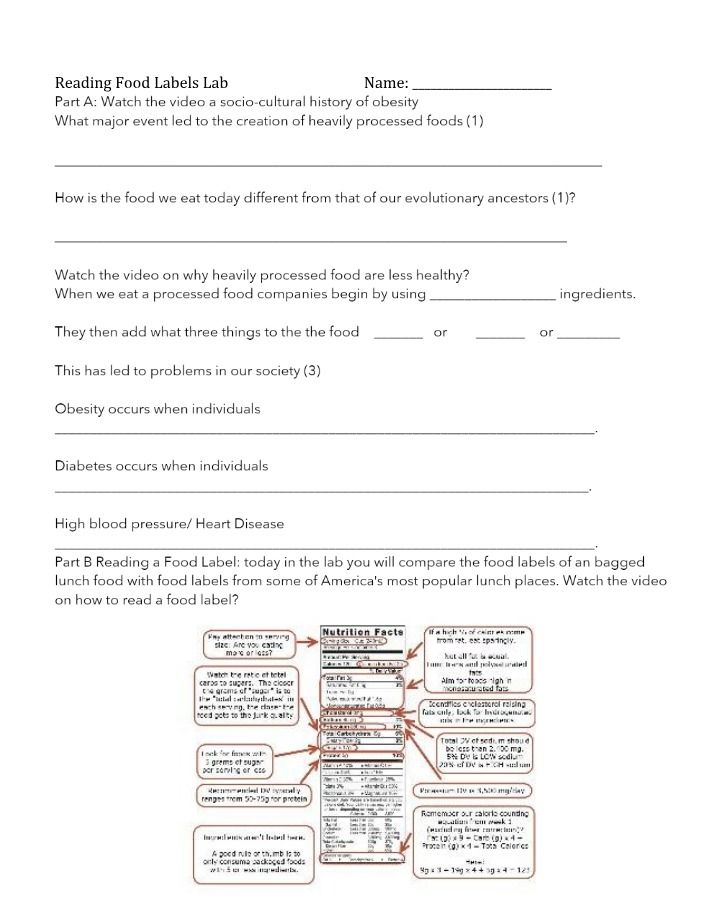Lab Worksheet on Digestive System Labeling and Reading Food Labels