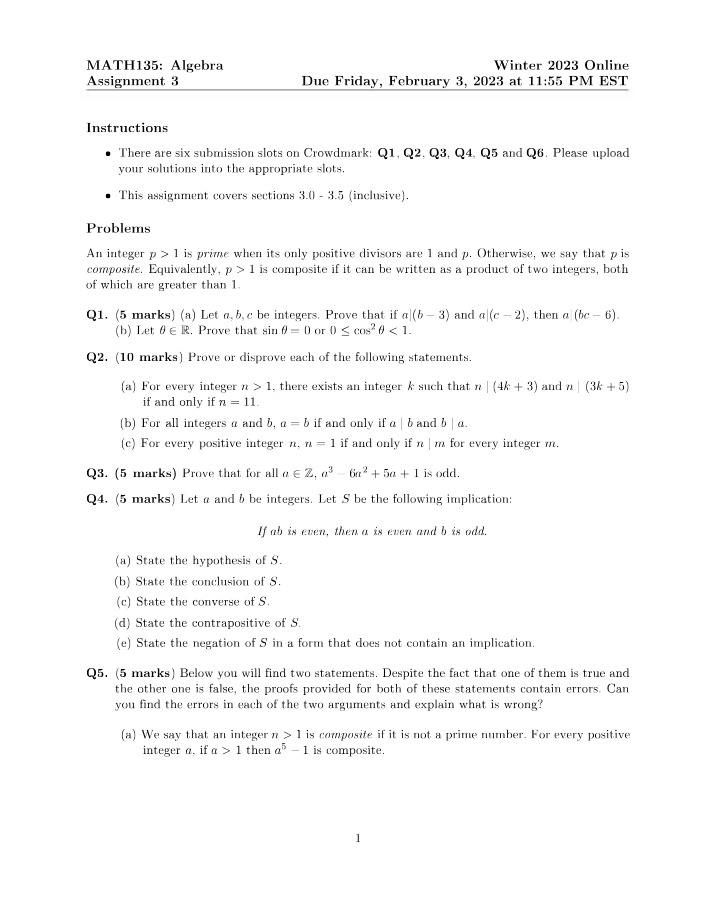 Assignment 3 - MATH135 Algebra
