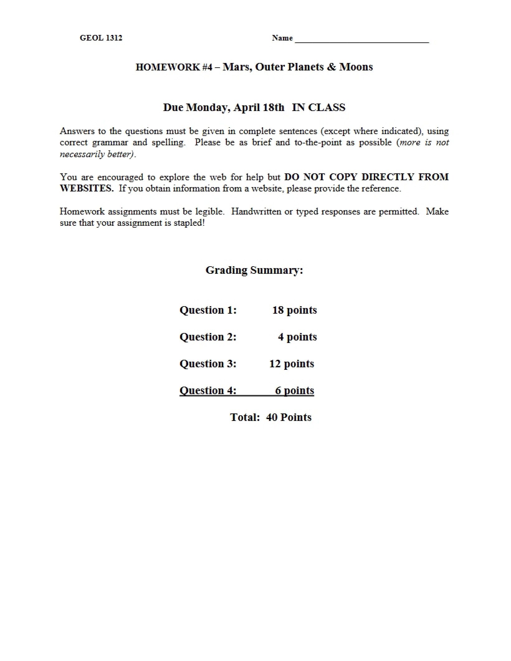 Mars, Outer Planets, and Moons Homework Four