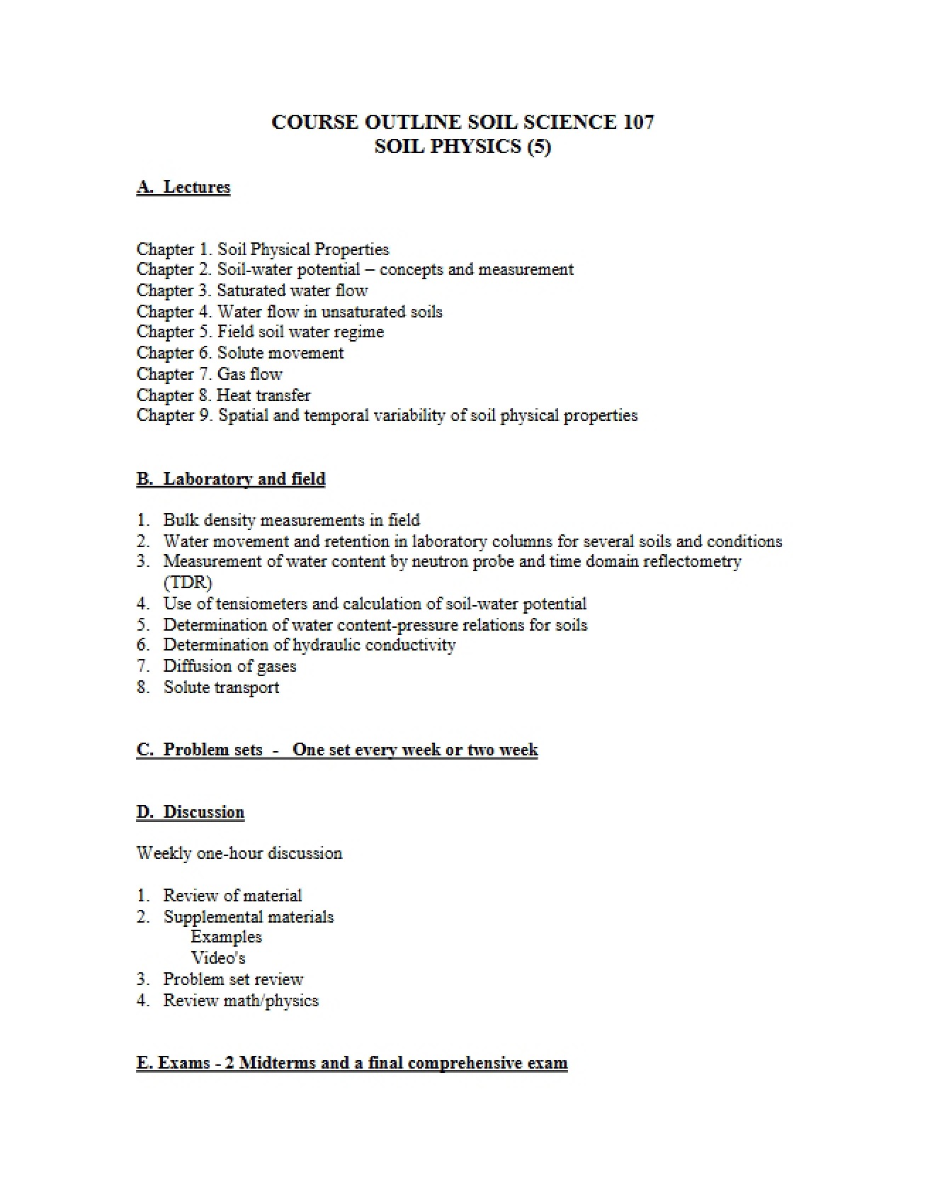 Course Outline for Principles of Soil Science