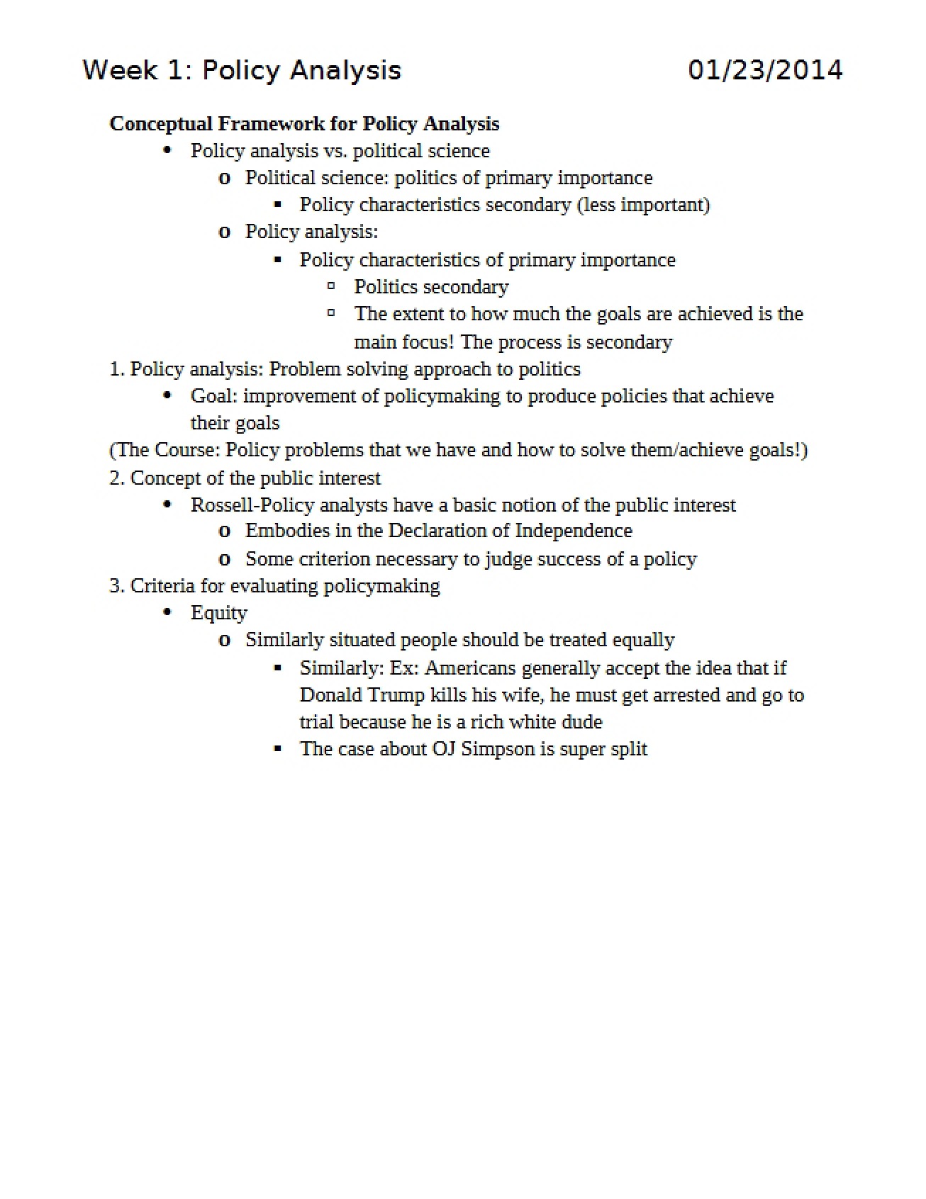 Week One An Introduction to Policy Analysis Part 1