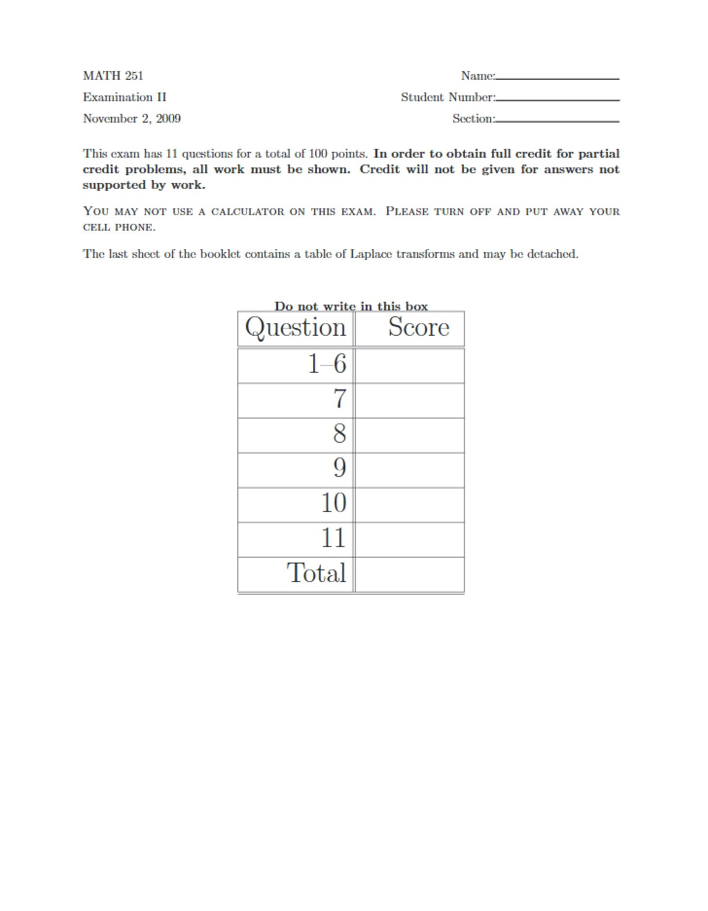 Second Test Math 251 - Ordinary and Partial Differential Equations