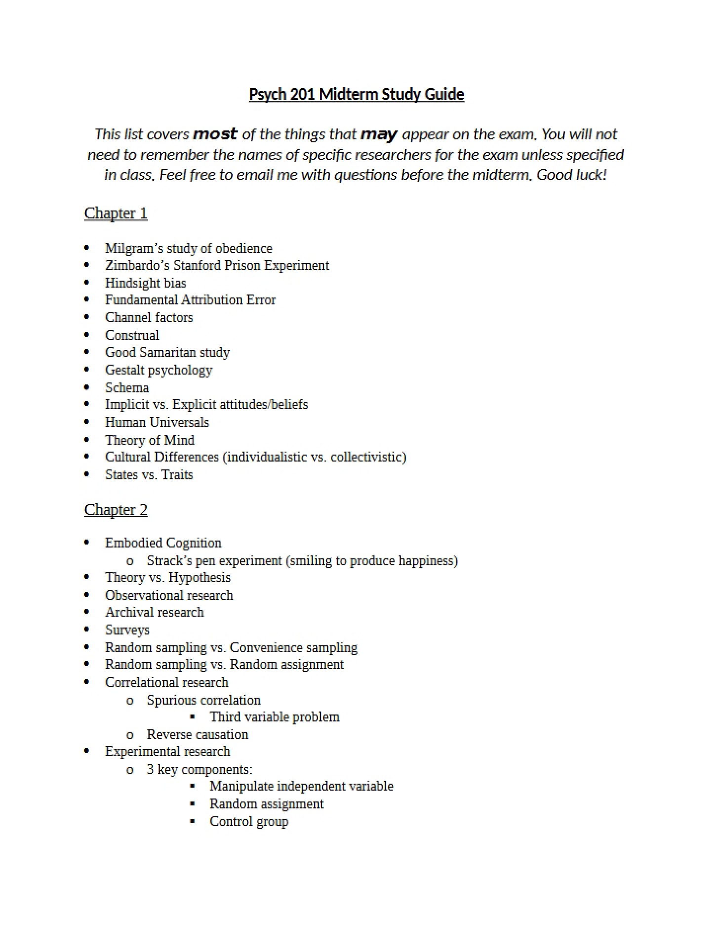 Study Guide for Midterm