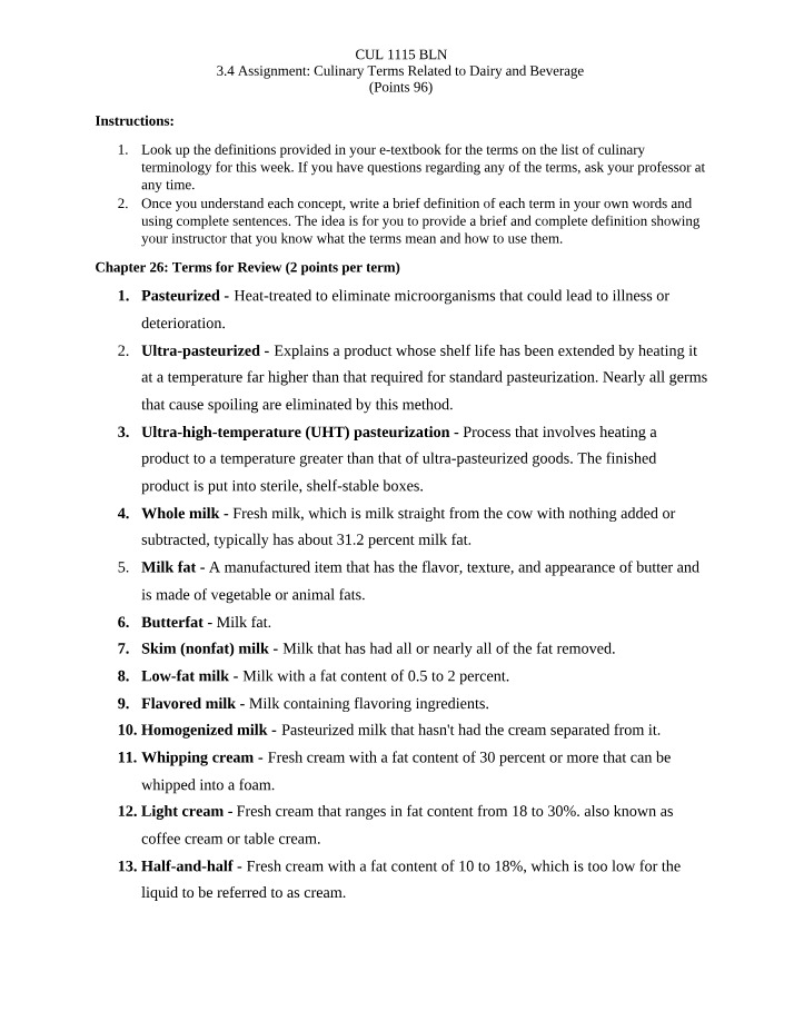Dairy and Beverage Culinary Term Definitions