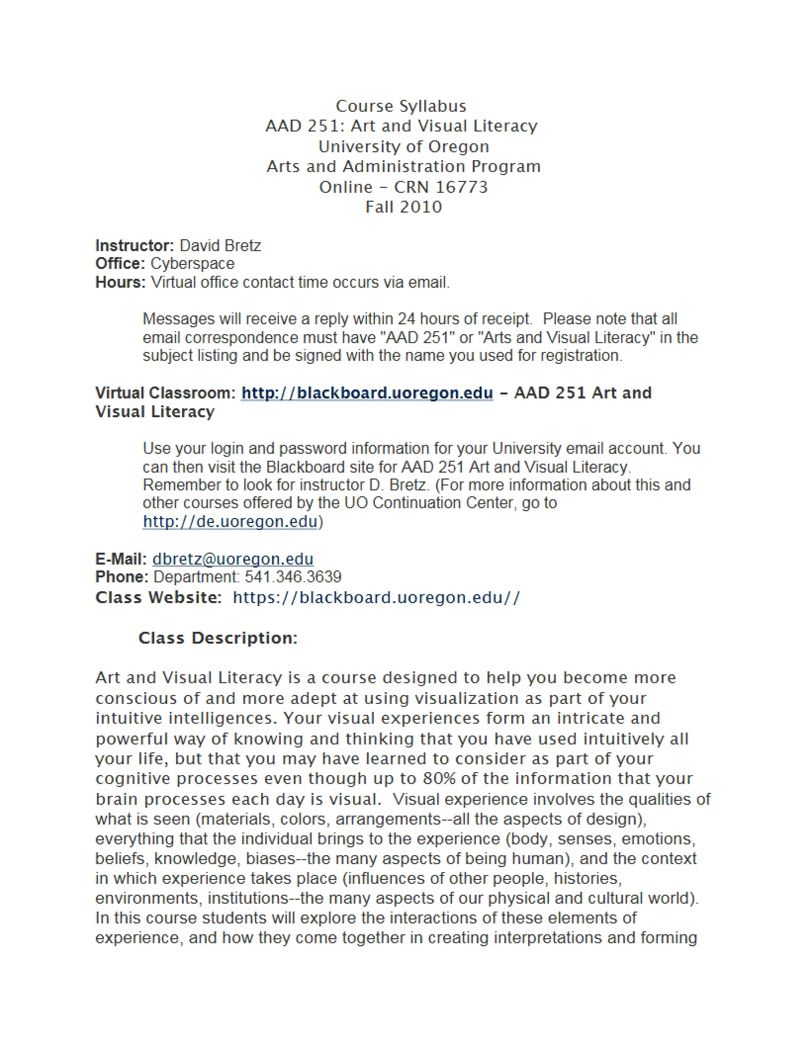 Visual Literacy Course Syllabus