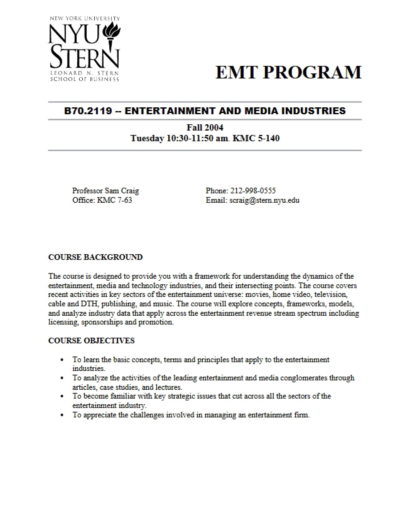 Media and Entertainment Industries Syllabus