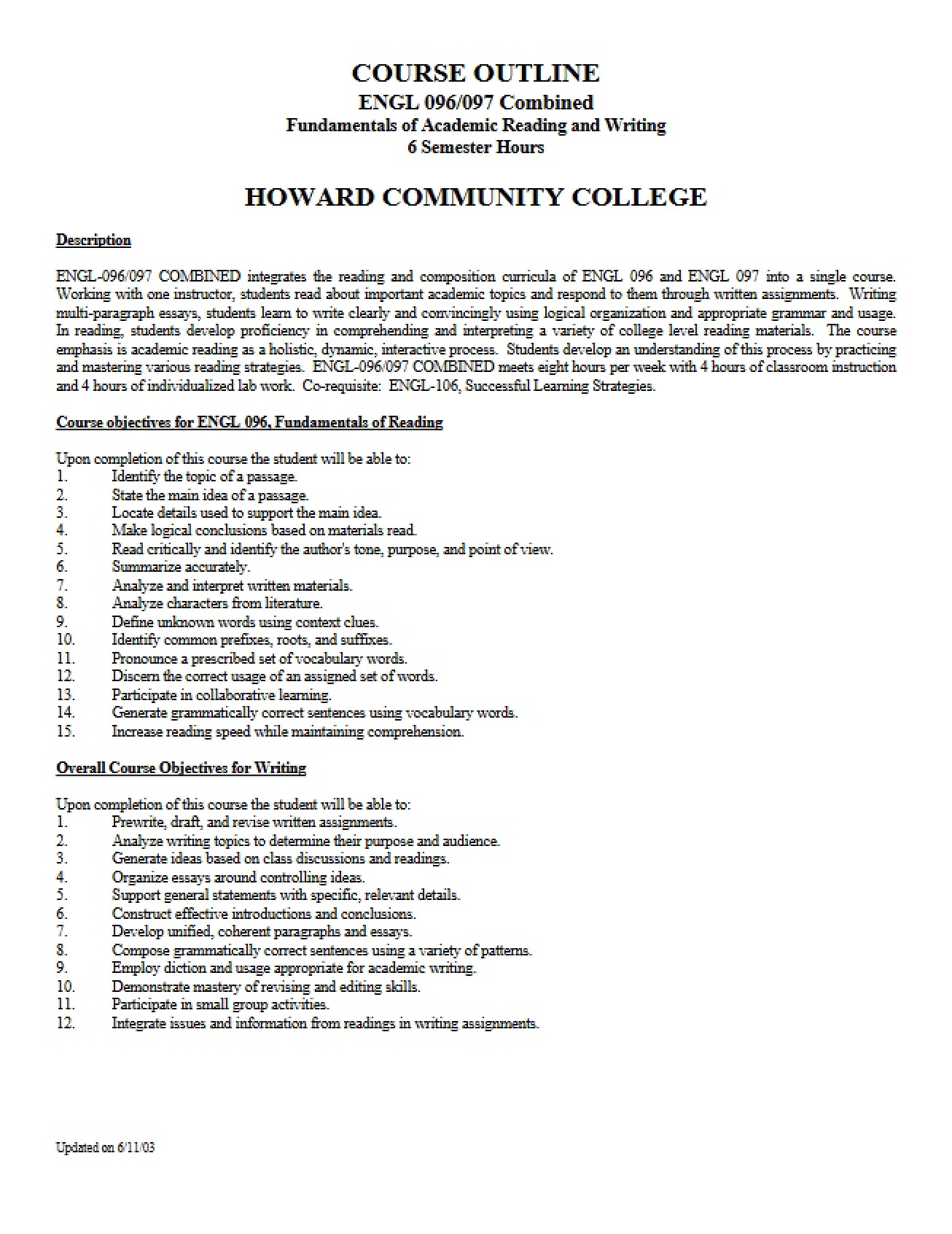 Fundamentals of Reading and Writing Combined Syllabus