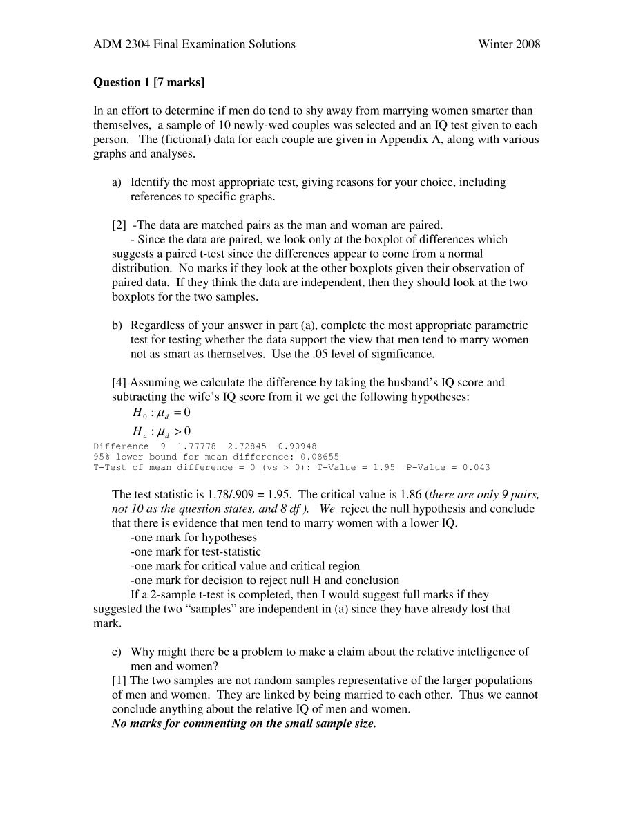 Winter 2008 Final Examination Solutions for ADM 2304