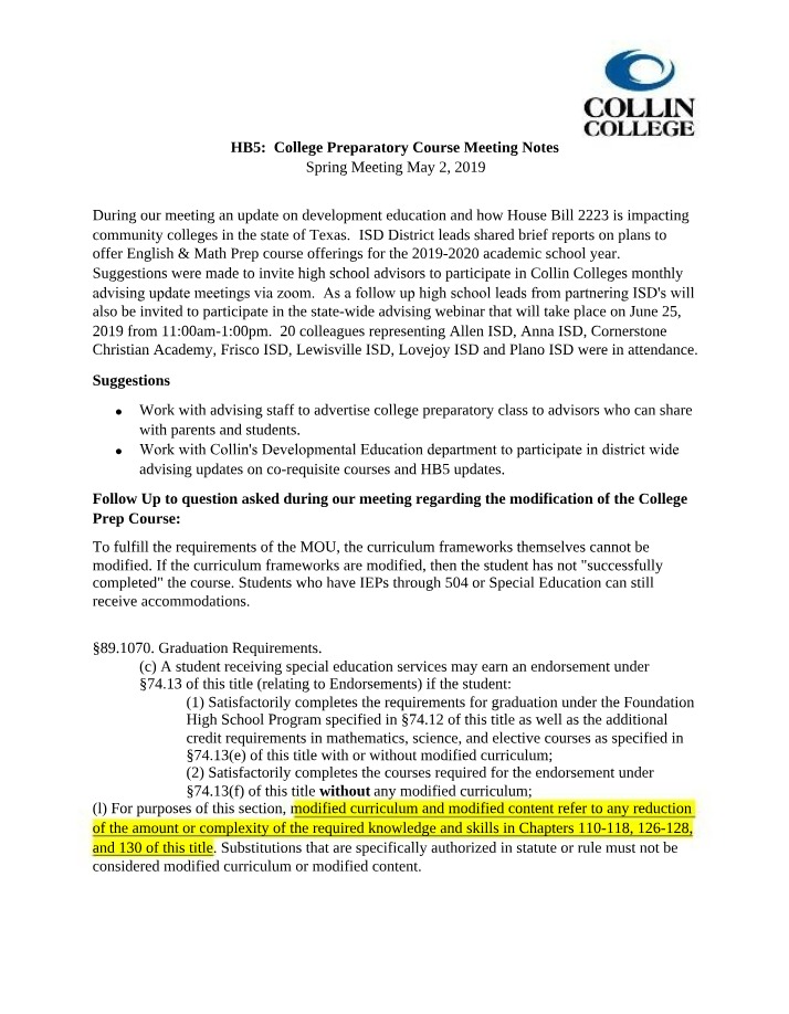 HB5 College Preparatory Course - Spring 2019 Meeting Notes