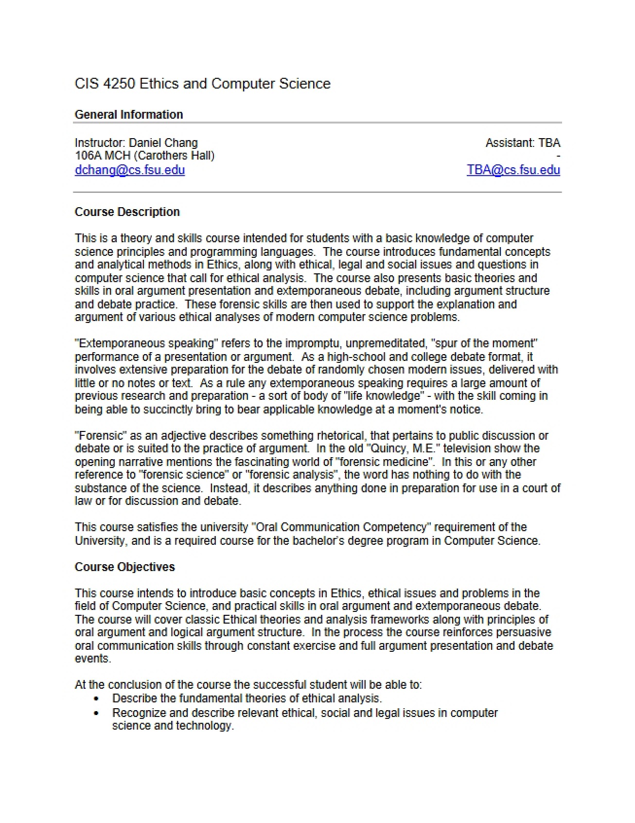 Ethics and Computer Science Course Outline