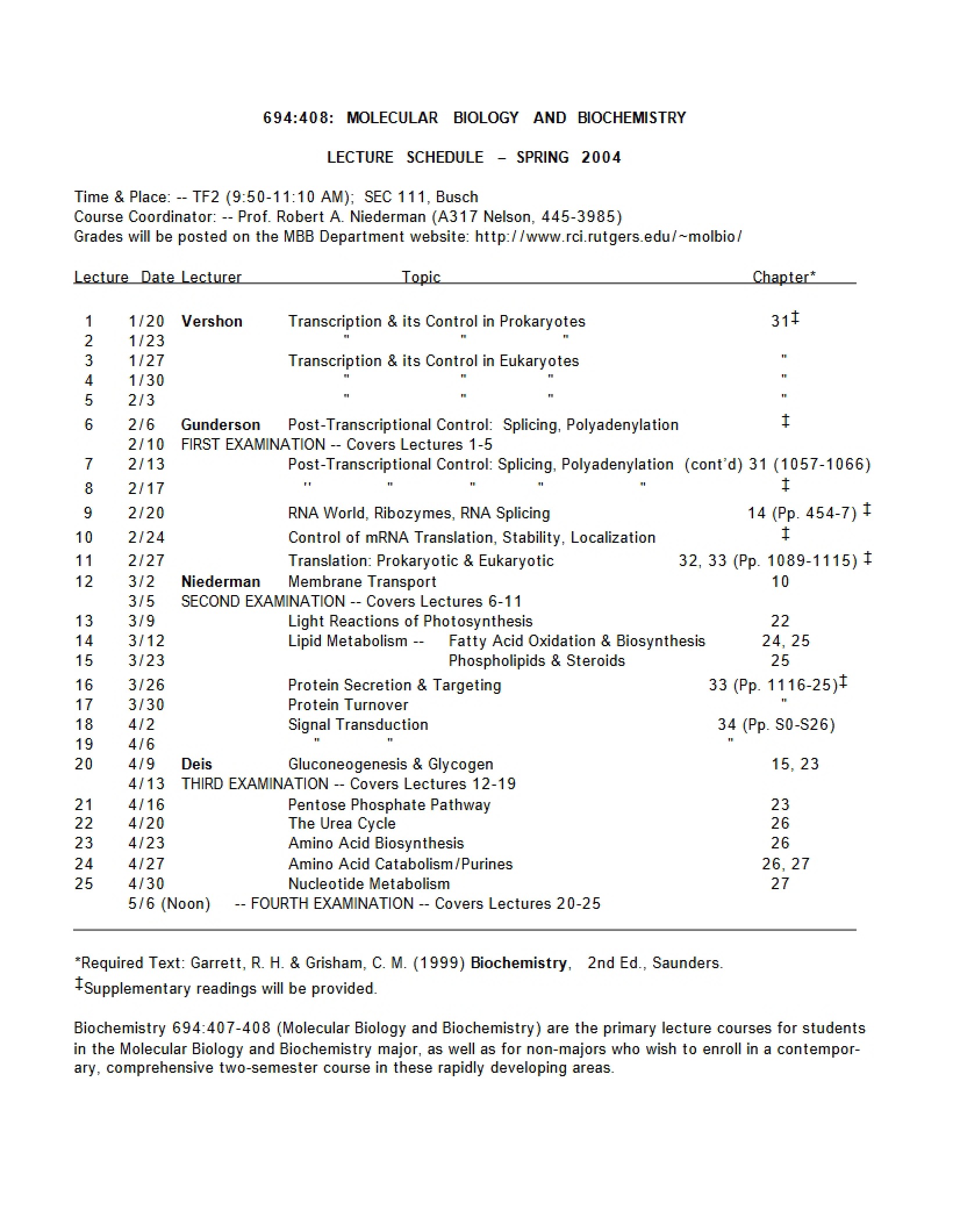Schedule of Lectures