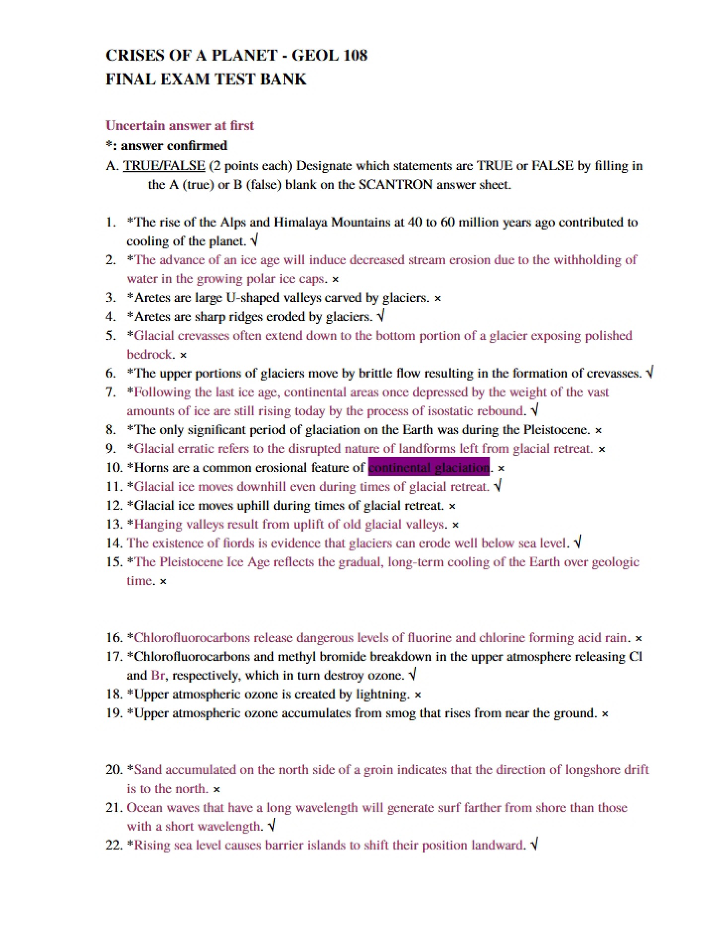 Final Testbank for Summer Geology 108