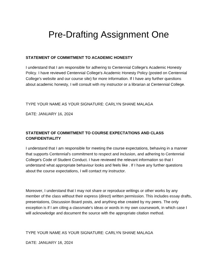 Template for Pre-Drafting Assignment One