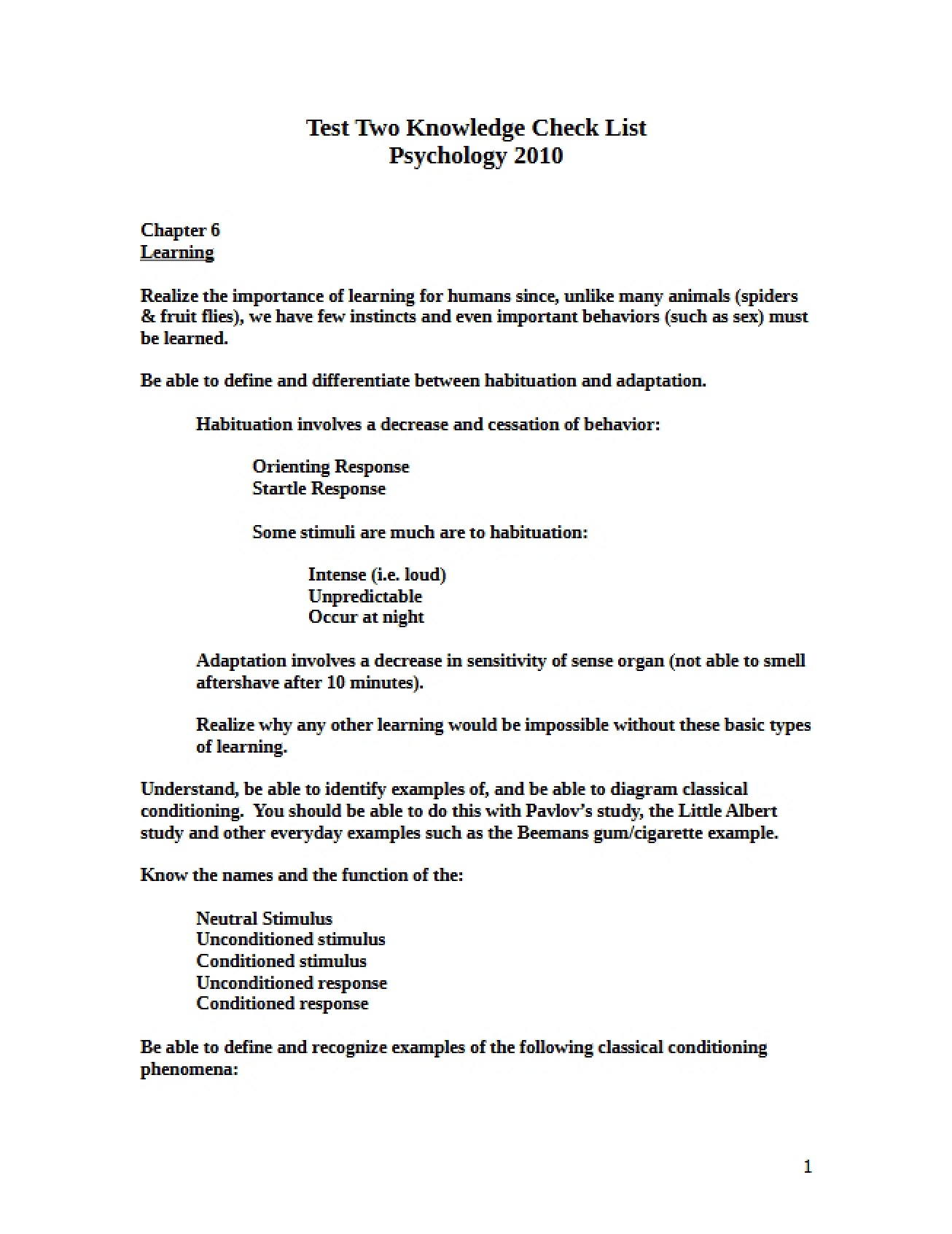 Psychology Knowledge Checklist 2
