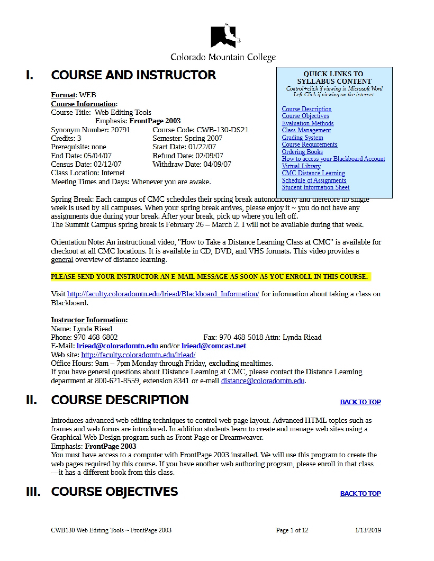 Syllabus for Web Editing Tools