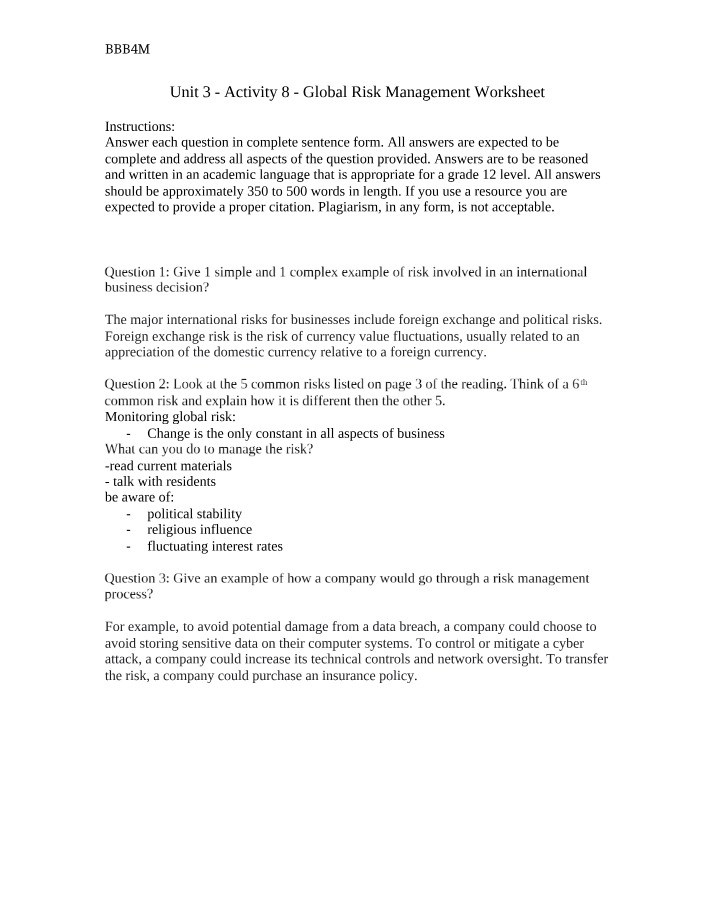 Worksheet on Global Risk Management