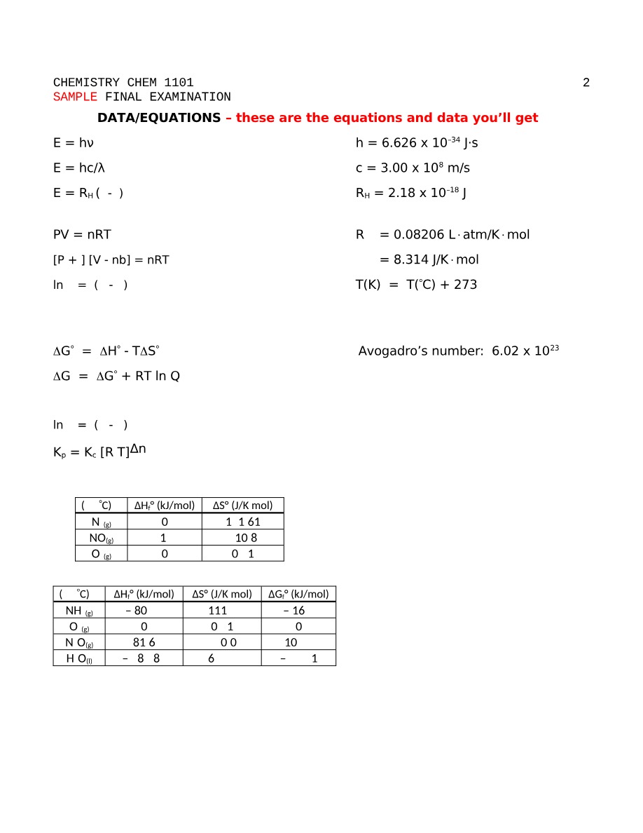 CHEM 1101 Final Exam Sample