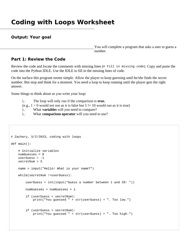 Worksheet for Coding with Loops