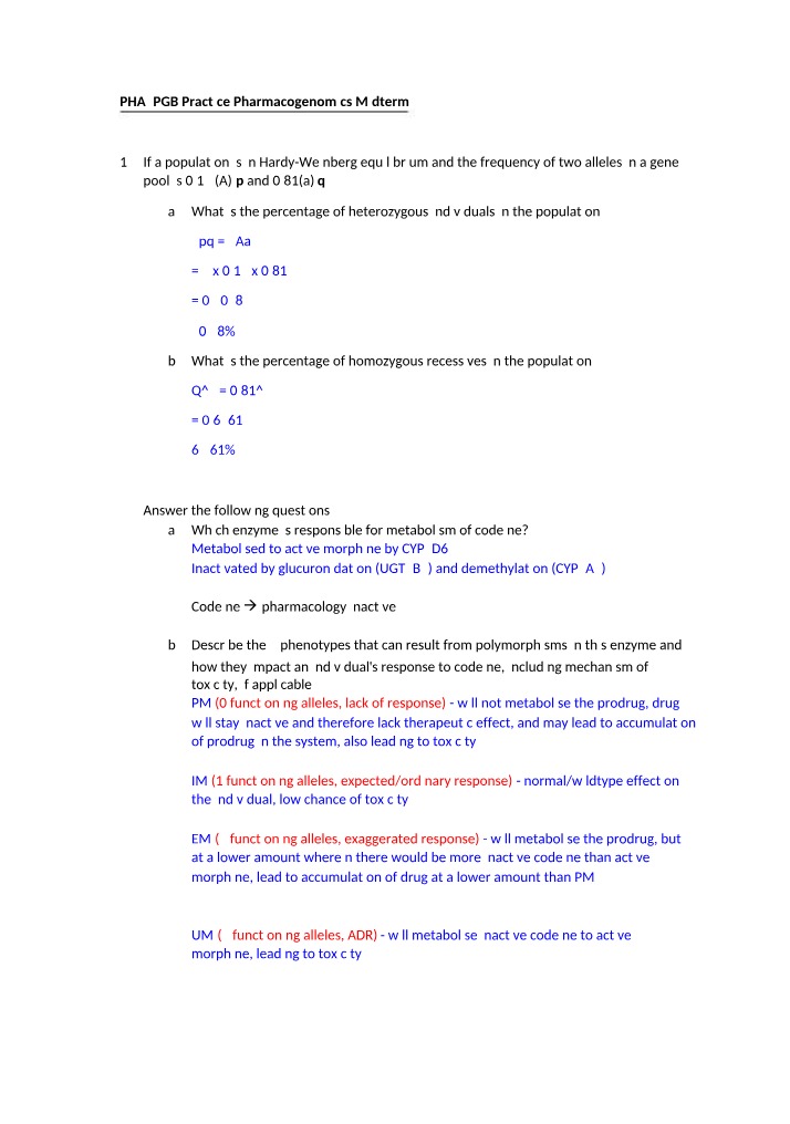 Practice Pharmacogenomics Midterm for PHA2PGB