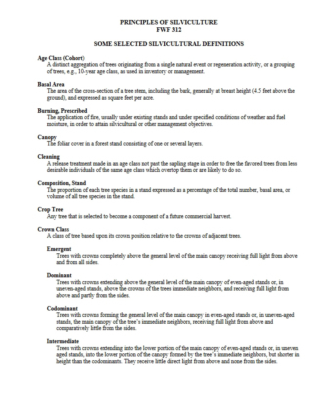 Select Definitions in Silviculture