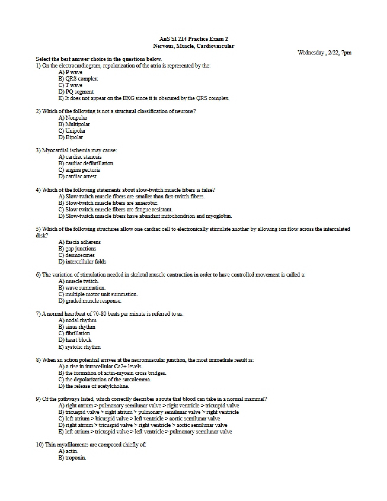 Second Practice Exam for Domestic Animal Physiology