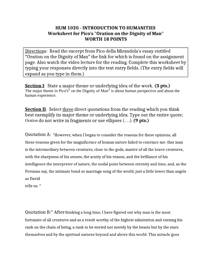 Worksheet for Pico's Oration on the Dignity of Man