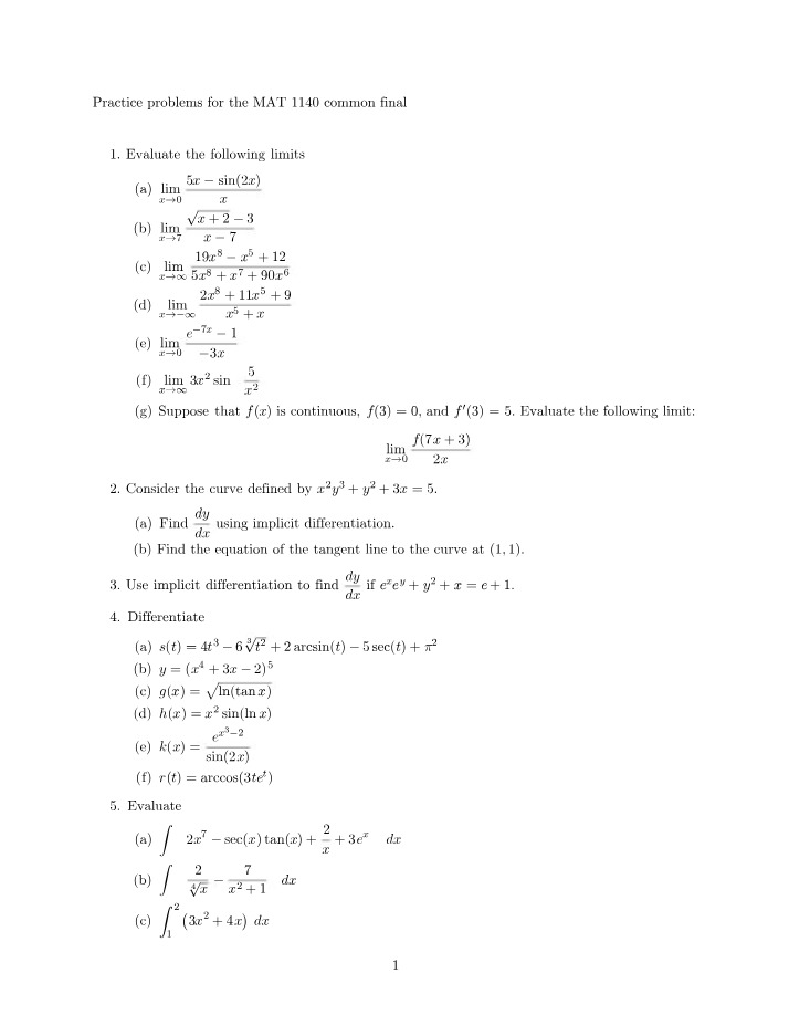 Blank Calculus I Final Exam Review