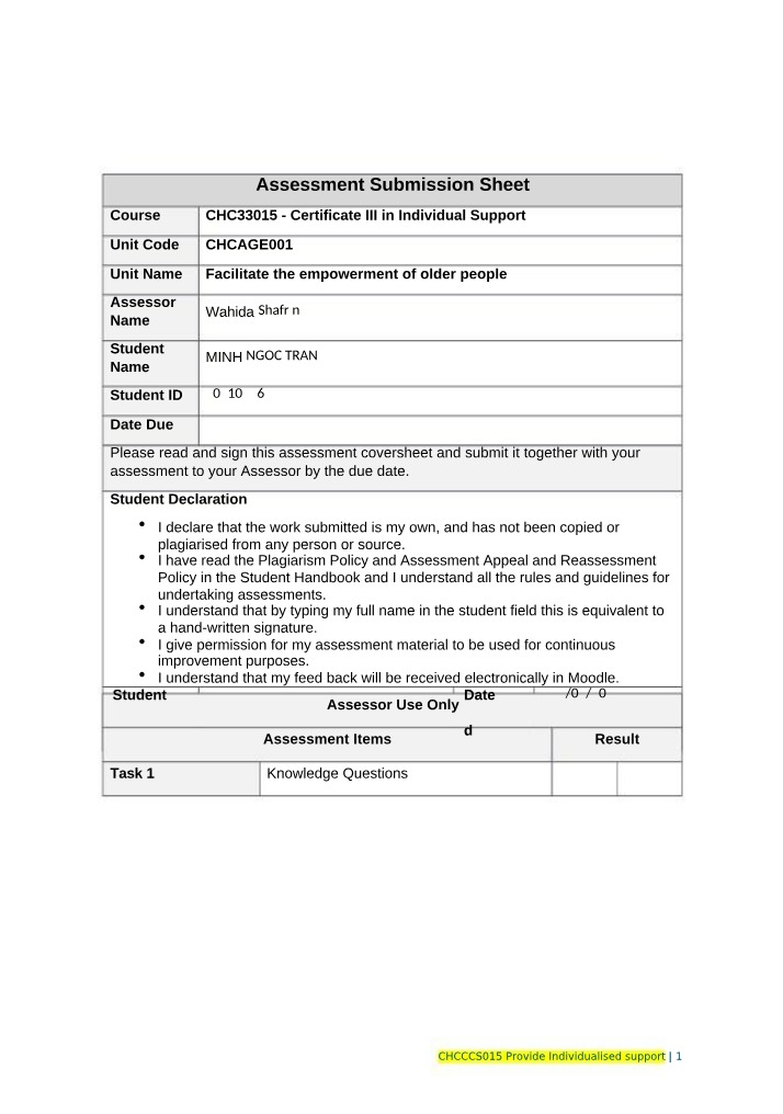Submission Sheet for CHC33015 Certificate III in Individual Support Assessment