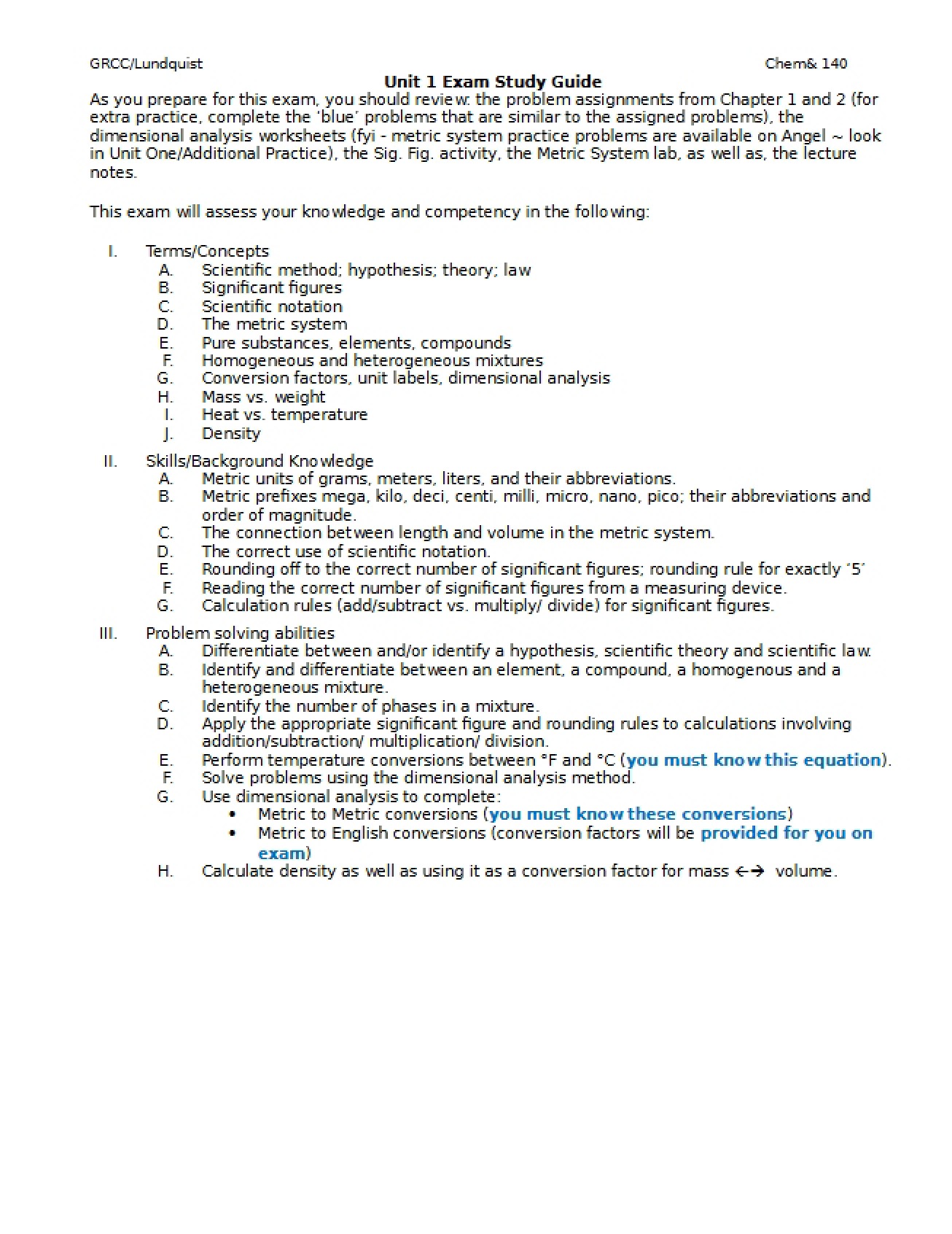 Study Guide for Exam 1