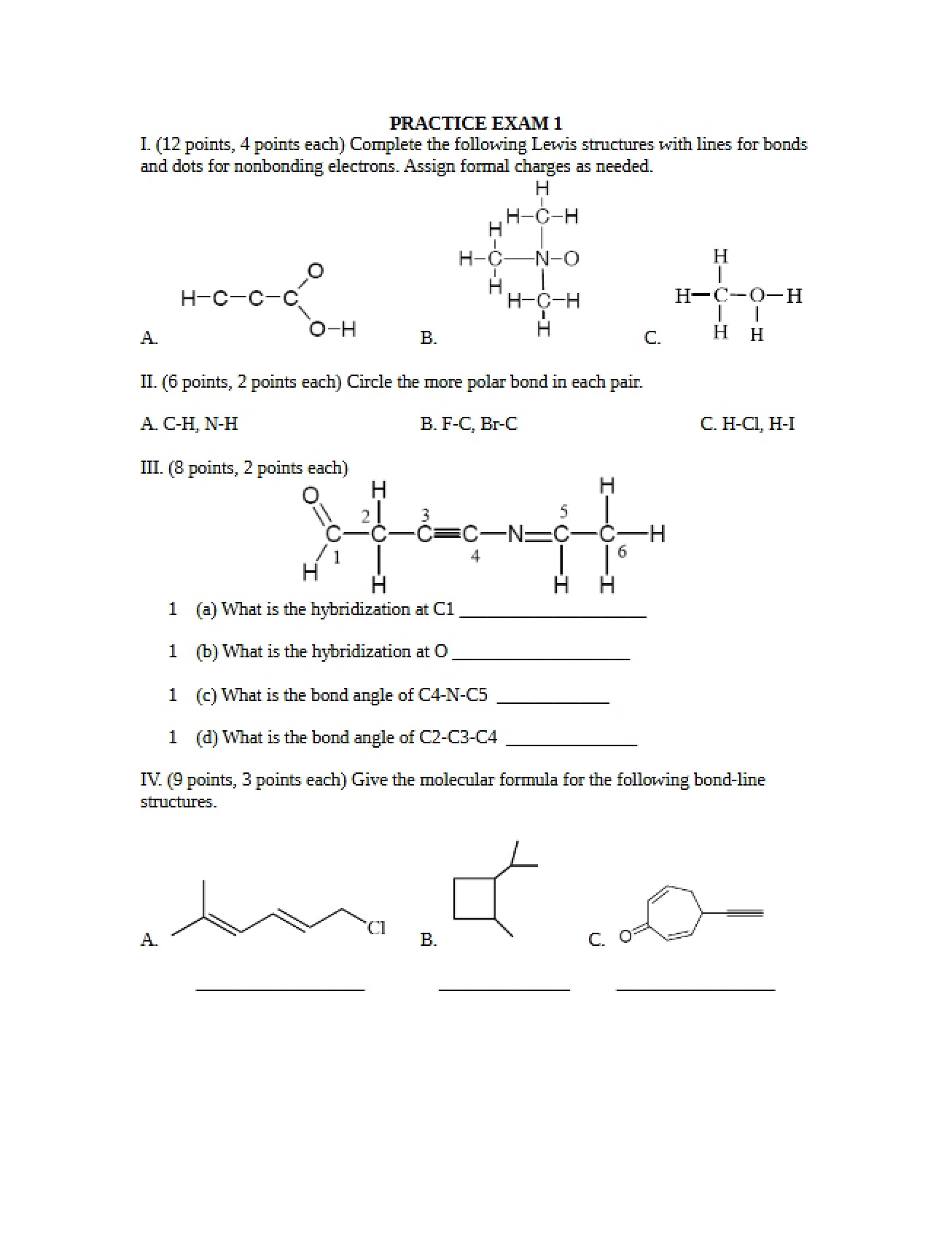 First Practice Examination for Elementary Organic Chemistry