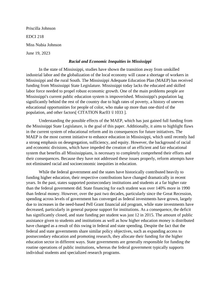 Study on Racial and Economic Inequities in Mississippi