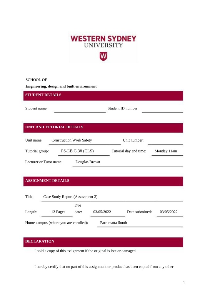 Industry Hazards Case Study Report for Construction Work