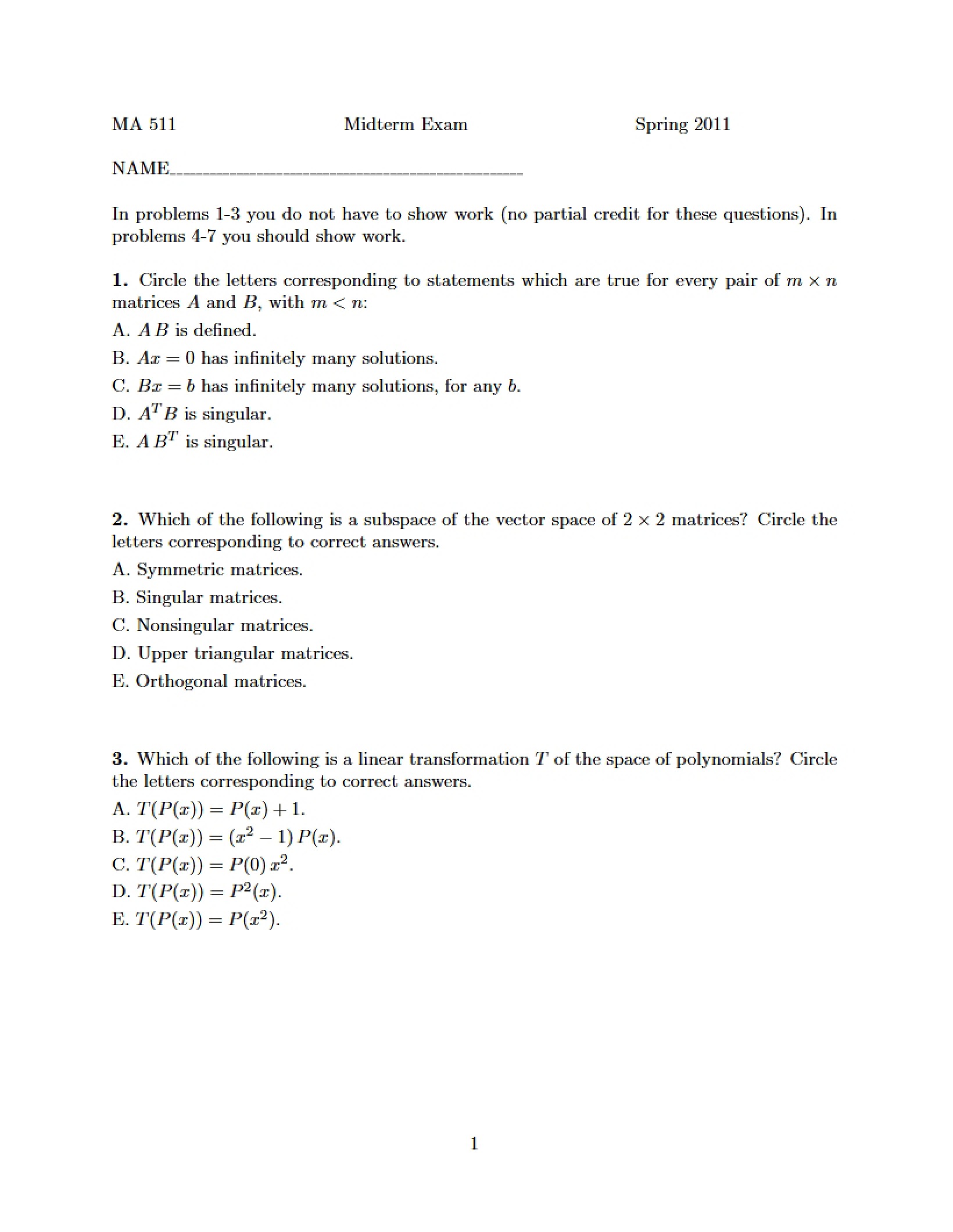 Linear Algebra Midterm