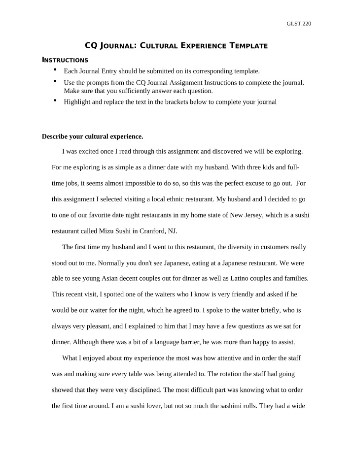 Cultural Experience Template - CQ Journal