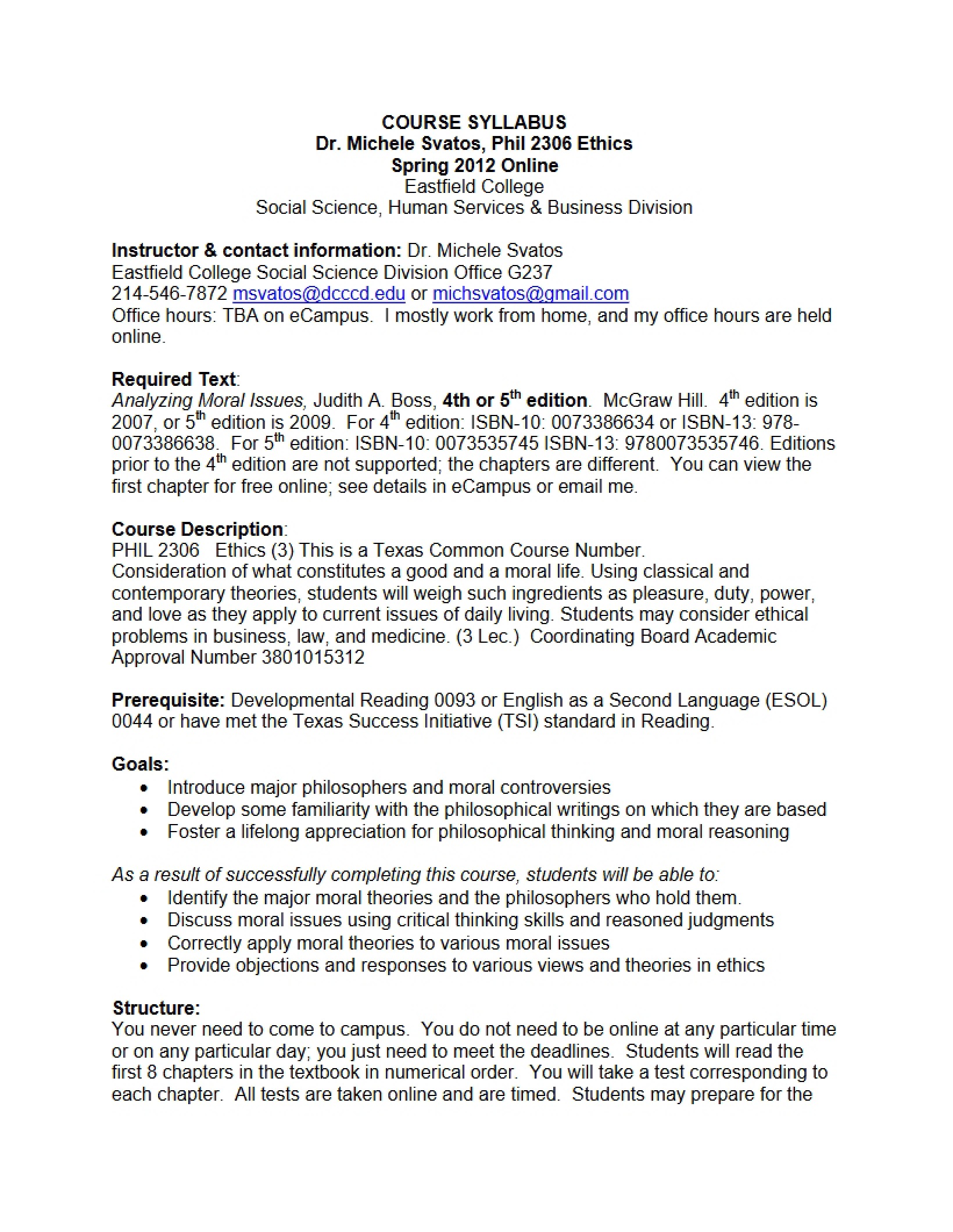 Introduction to Ethics Course Outline