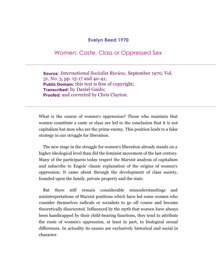 Women, Caste, Class, and Oppressed Sex by Reed