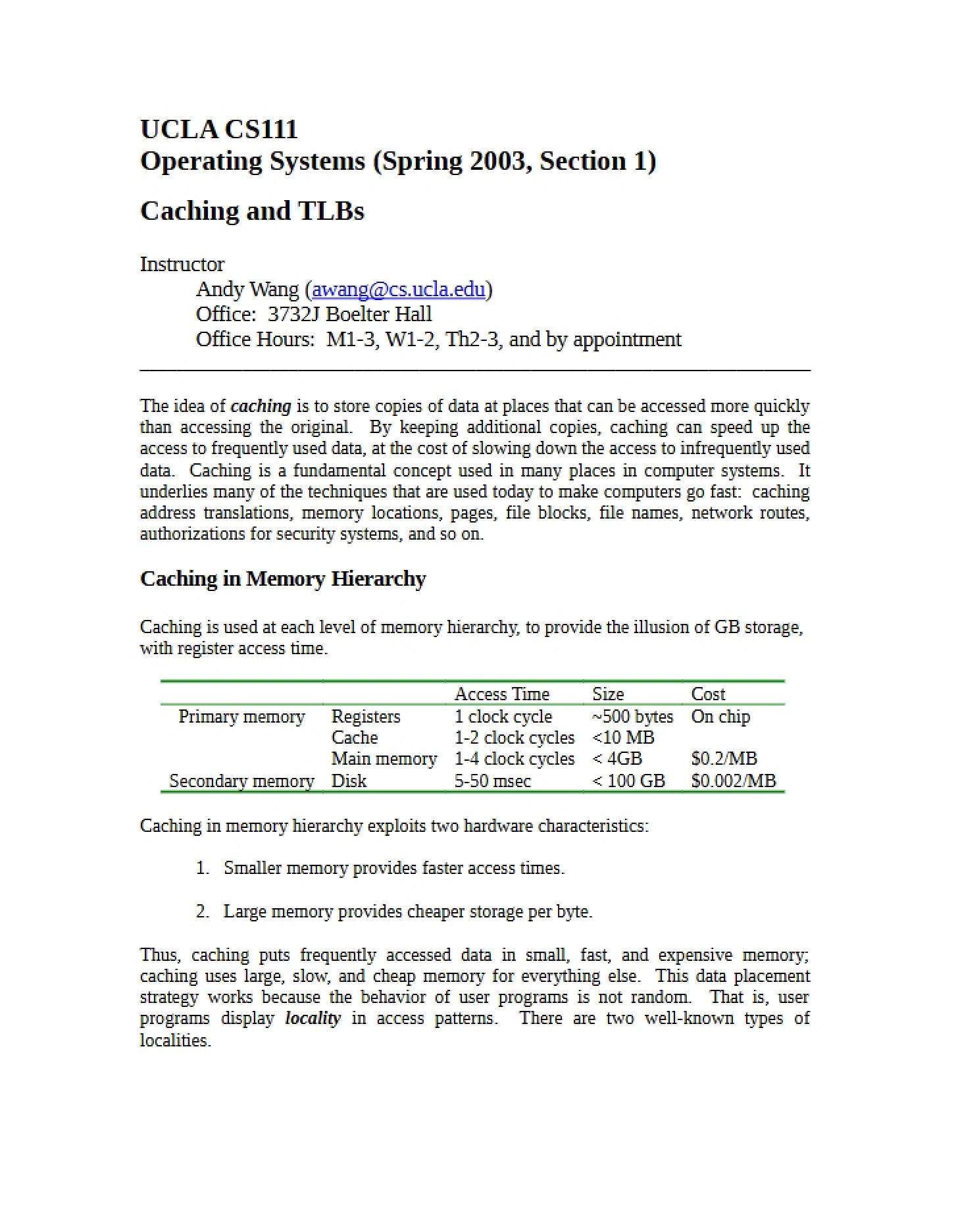 TLBs and Caching Lecture 11